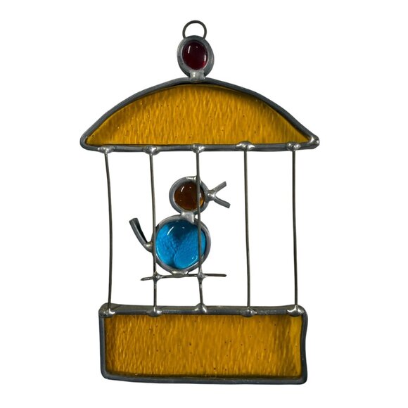 Stained Glass Bird in Cage Suncatcher Vtg Country Cottage Window Decor 6" x 4" - Picture 5 of 7